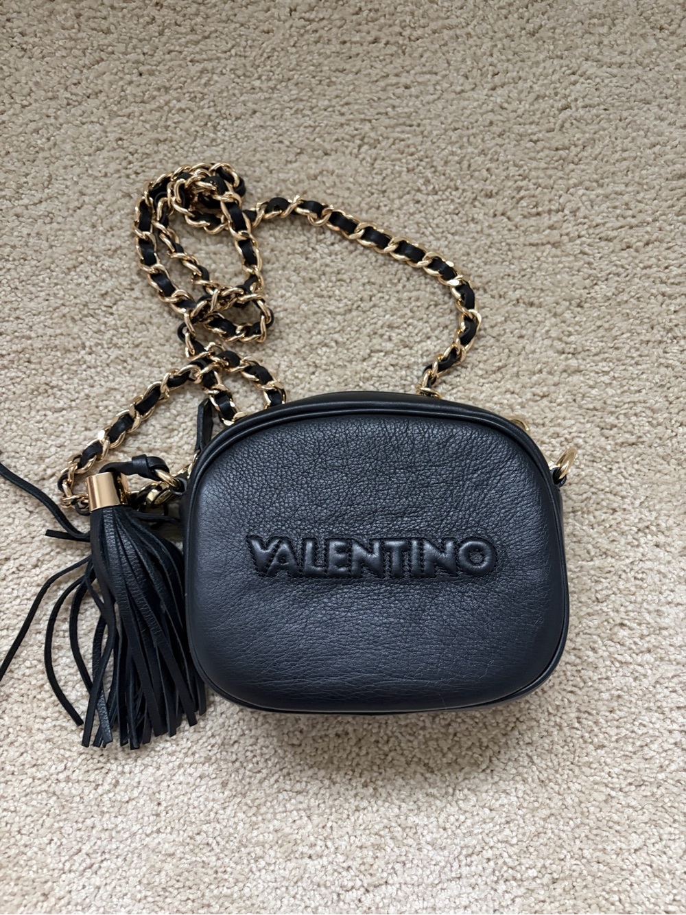 Authentic Valentino Black Leather Crossbody with Gold Chain and Tassel